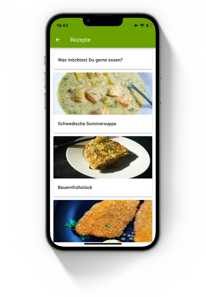 iPhone Screenshot, zweiter Screen mit Rezeptauswahl und Bildern der Rezepte