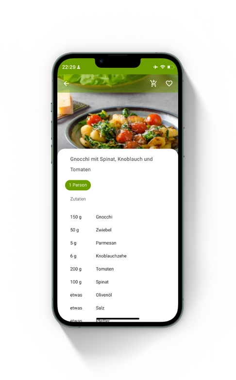 Rezept mit Bild vom Essen auf Smartphone, direkte Frontansicht